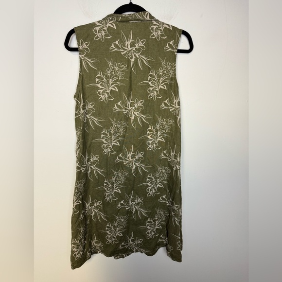 Garnet Hill Bonsai floral linen sleeveless tropical dress shirtdress olive 12 - Picture 4 of 7